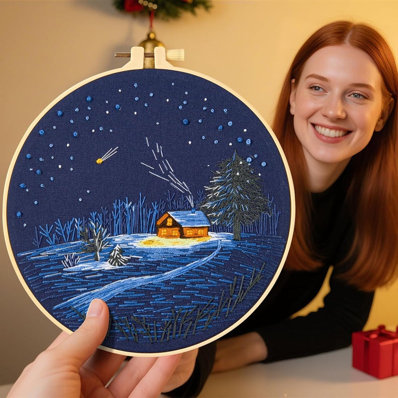 Crafmanoe Christmas Embroidery Kits for Beginners Adults, Winter Hand Embroidery Starter Kits, Christmas Cross Stitch Kits for Beginners Needlepoint DIY Kits for Adults, Embroidery Hoop, Thread & Video Tutorial - Image 2